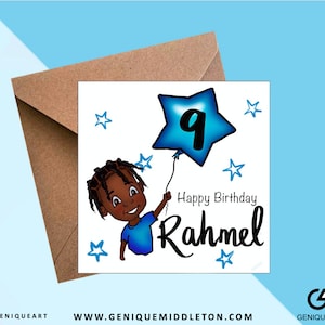 Black Boy (Single Plaits) Birthday Nome personalizzato / Age Card - [Nero, Razza mista, Doppia eredità, Afro Hair, Canerow]