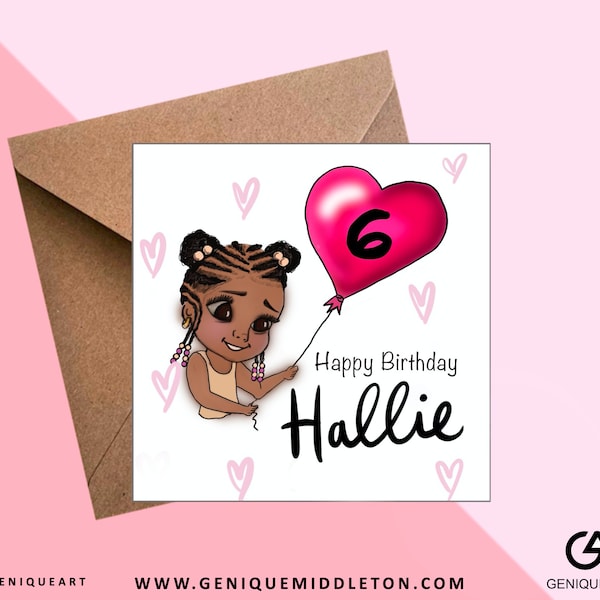 Black Girl (Caramel) Birthday Personalised Name / Age Card  - [Black, Mixed Race, Dual Heritage, Afro Hair, Canerow]