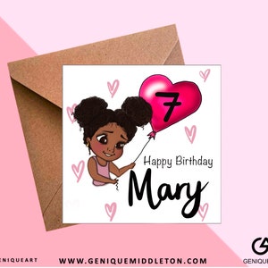 Black Girl Bunches (Caramel) - Verjaardag gepersonaliseerde naam / leeftijdskaart - [Zwart, Gemengd Ras, Dual Heritage, Afro Hair, Canerow]