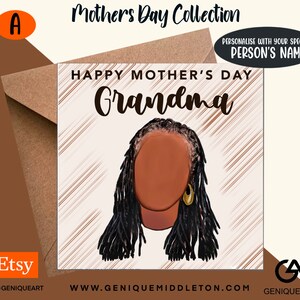 Lindos cartões pretos para o dia das mães - Babá/Vovó/Mãe/Nome Nome/Mensagem personalizado - [Preto, Raça Mista, Herança Dupla, Cabelo Afro]