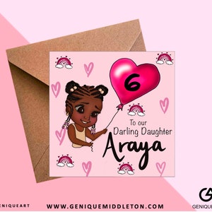 Black Girl Rainbow[Tochter,Enkelin,Nichte) Geburtstag personalisierter Name / Alterskarte - [Black, Mixed Race, Dual Heritage, Afro Hair]