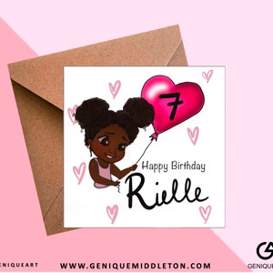 Black Girl Bunches (Cacao) - Nombre personalizado de cumpleaños / Tarjeta de edad - [Negro, Raza mixta, Herencia dual, Cabello afro, Canerow]