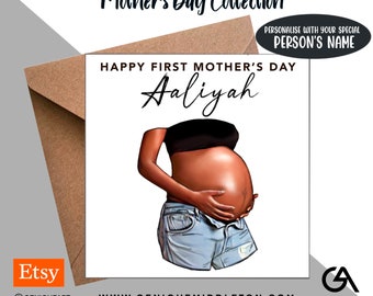 Grávida/Primeiro Dia das Mães Linda Mulher Negra/Homem Aniversário Nome/Mensagem Personalizado - [Preto, Raça Mista, Herança Dupla, Cabelo Afro]