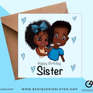Black Sibling Card Birthday Personalised Name / Age Card  - [Black, Mixed Race, Dual Heritage, Afro Hair, Canerow]