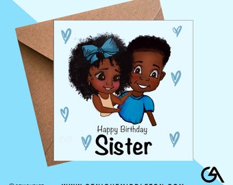 Black Sibling Card Birthday Personalised Name / Age Card  - [Black, Mixed Race, Dual Heritage, Afro Hair, Canerow]