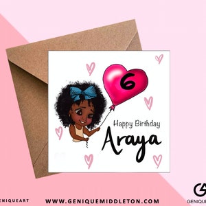 Black Girl (Afro Bow) Verjaardag gepersonaliseerde naam / leeftijdskaart - [Zwart, Gemengd Ras, Dual Heritage, Afro Haar, Canerow]