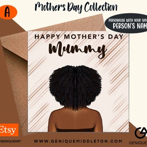 Beautiful Black Mother&#39;s Day Cards  - Mum/Name Personalised Name/Message  - [Black, Mixed Race, Dual Heritage, Afro Hair]