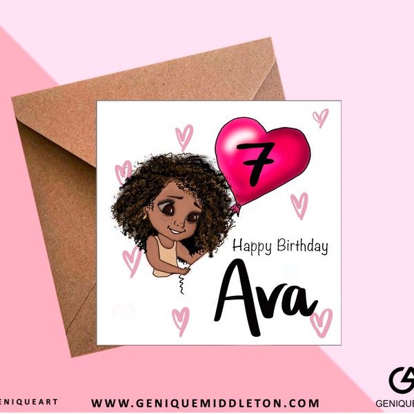 Black Girl (Caramel) Curly Hair  - Birthday Personalised Name / Age Card  - [Black, Mixed Race, Dual Heritage, Afro Hair, Canerow]