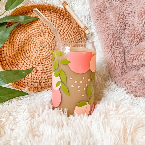 Boho Spring Leaves Aesthetic Beer Can Shaped Glass | Cute Boho Summer Inspired Iced Coffee Cup or Mug | Mother's Day or Best Friend Gift