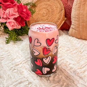 Pink & Red Hearts Aesthetic Beer Can Shaped Glass | Cute Boho Inspired Iced Coffee Cup Mug | Mother&#39;s Day or Best Friend Coquette Gift