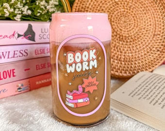Bookworm Juice Aesthetic Trendy Beer Can Shaped Glass | Cute Girly Boho Inspired Iced Coffee Cup Mug | Mother&#39;s Day or Best Friend Gift