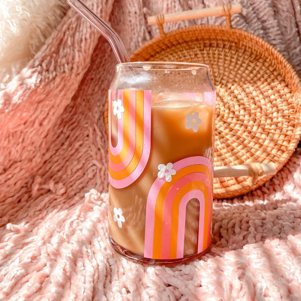 Retro & Groovy Rainbow Aesthetic Beer Can Shaped Glass | Cute Boho Flowers Inspired Iced Coffee Cup Mug | Mother's Day or Best Friend Gift