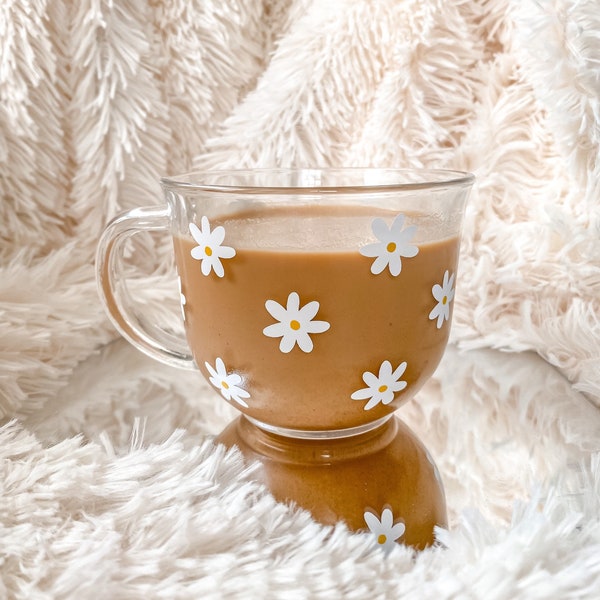 Retro Flower Cute Coffee Mug | Clear Boho Glass 18 oz Coffee Cup | Gift for Tea or Coffee Lover | Aesthetic Spring Mug Best Friend Gift