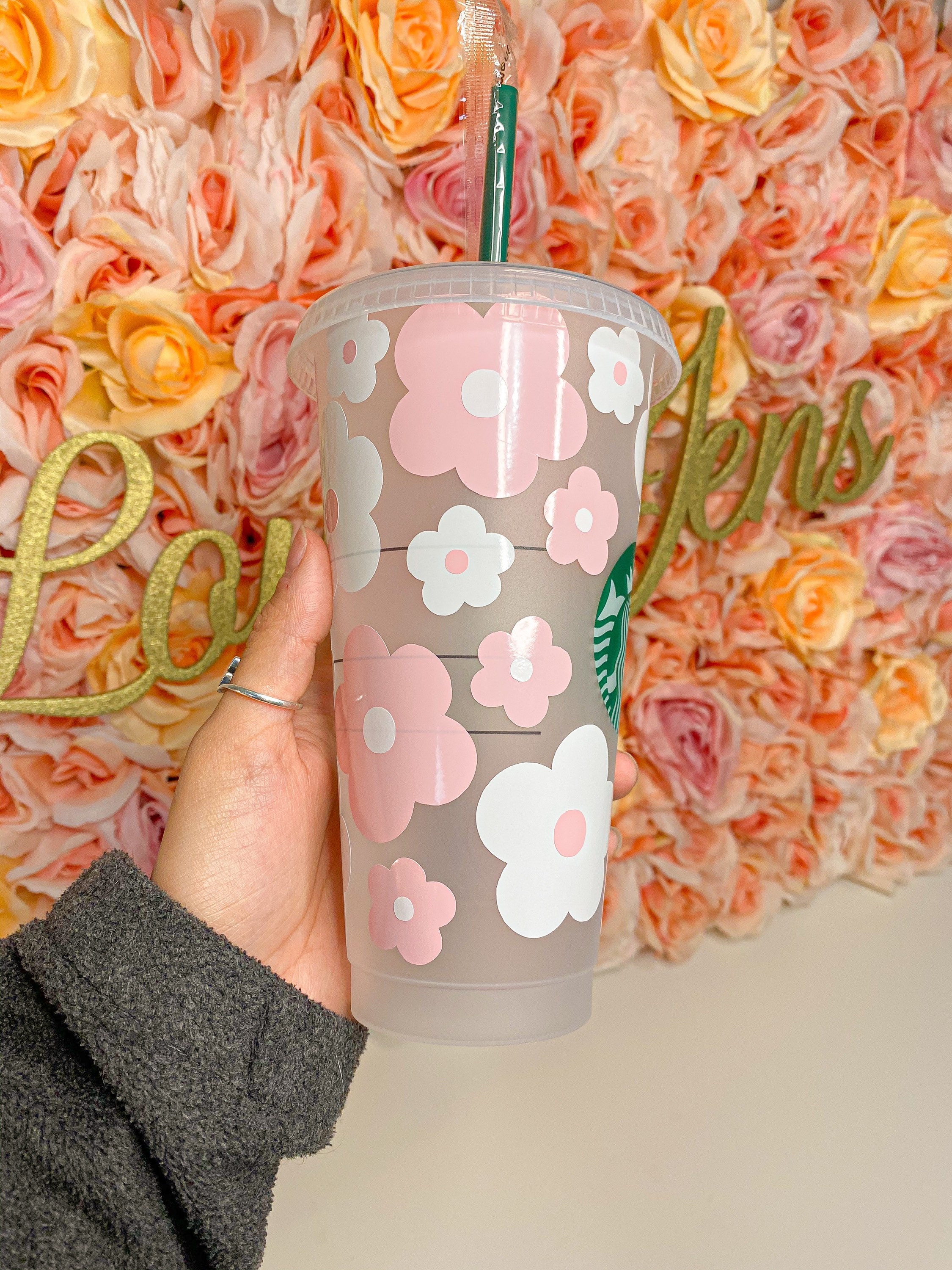 Pink and Red Retro Flowers Valentines Day Starbucks Cup Gift for