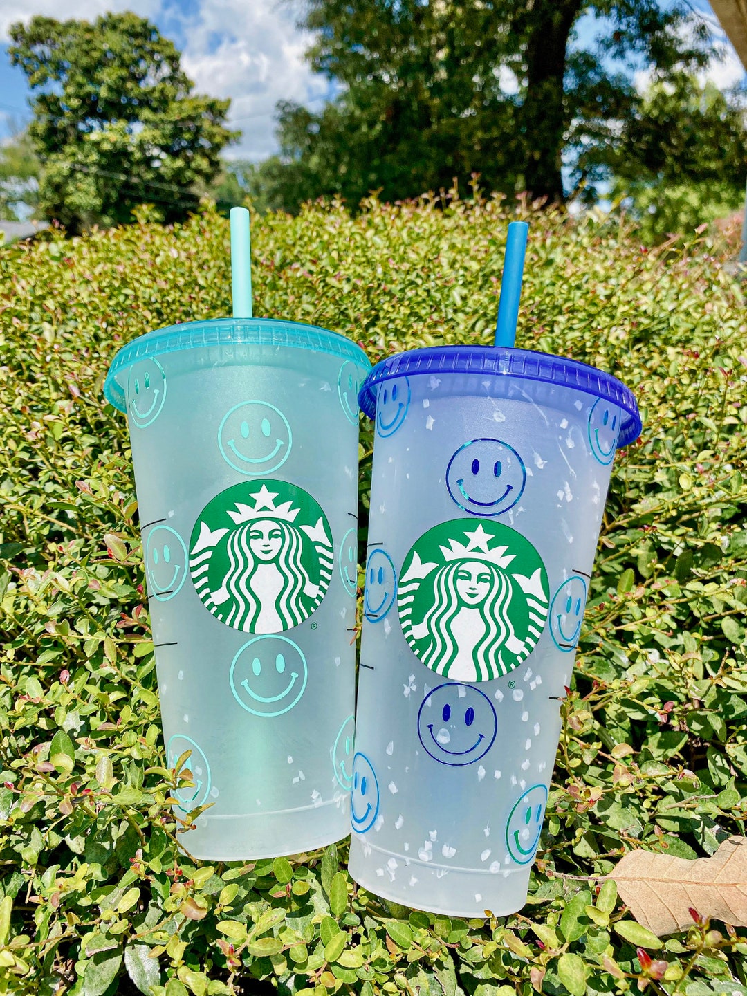 Happy Face Iced Coffee Reusable Starbucks Tumbler | Mint or Blue - Etsy