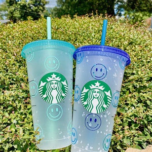 Happy Face Coffee Starbucks Cup | Mint Green Blue Confetti Color- Changing Cup | Gift for Best Friend | Cute Happy Reusable Tumbler