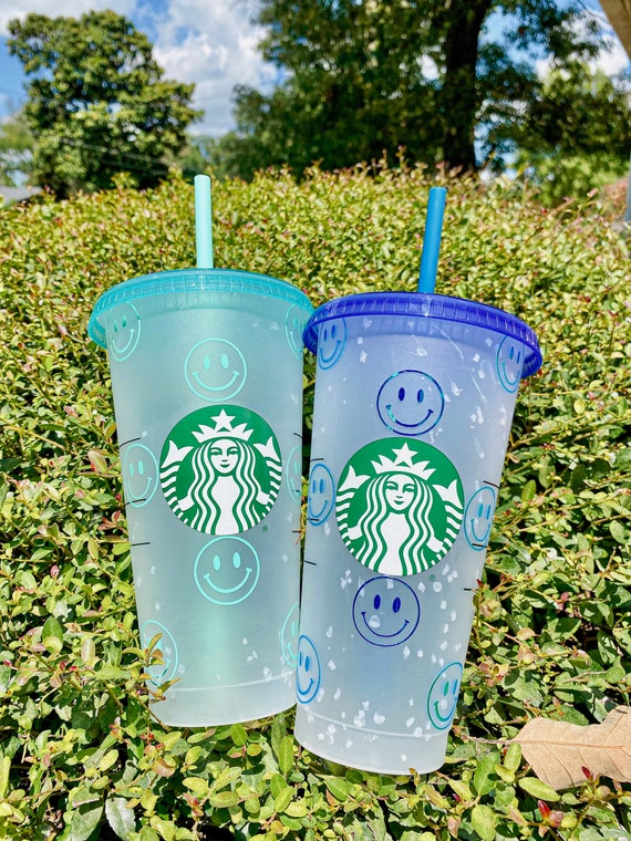 Happy Face Coffee Starbucks Cup Mint Green Blue Confetti Color Changing Cup  Gift for Best Friend Cute Happy Reusable Tumbler 