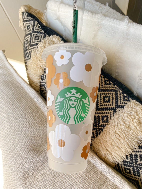 Brown Retro Flowers Starbucks Cup Boho Gift for Daisy Lover 