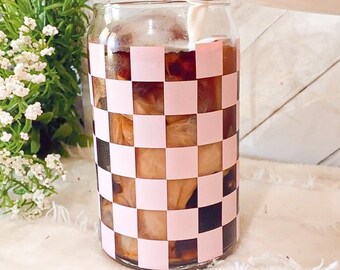 Retro Checkered Can Coffee Glass | Boho Shaped Mug 16 oz Cup | Checker Squares Coffee Lover | Aesthetic Cute Disco Spring Best Friend Gift