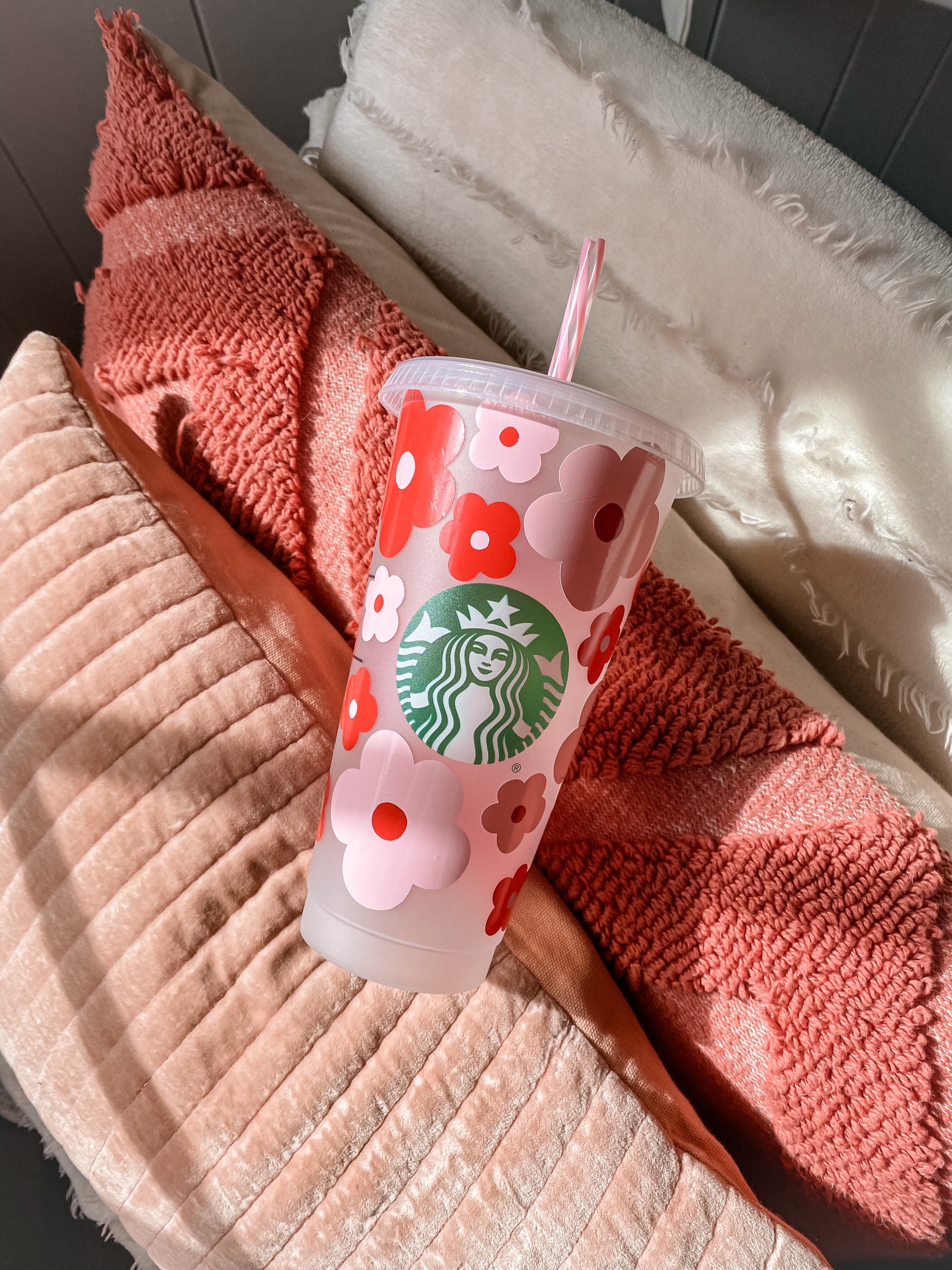 Pink and Red Retro Flowers Valentines Day Starbucks Cup Gift for