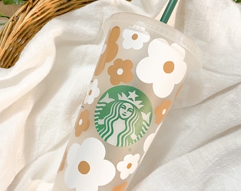 Brown Retro Flowers Reusable Starbucks Iced Coffee Tumbler