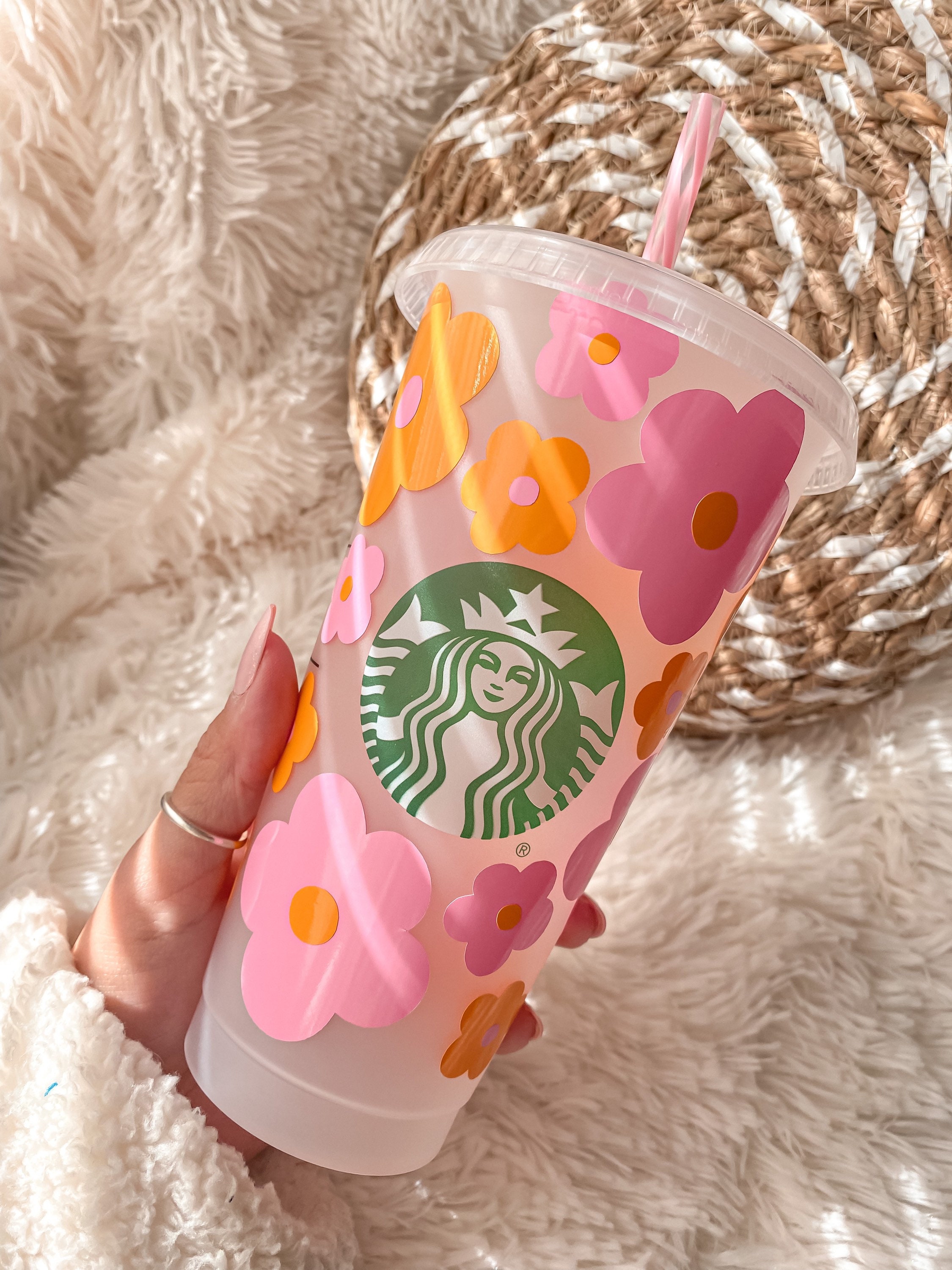 Pink Retro Flowers Starbucks Cup Gift for Daisy Lover and Best