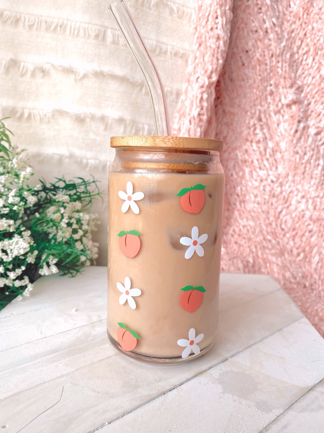Peaches and Daises Beer Can Coffee Mug Fruit Boho Shaped Glass 16 Oz Cup  Tea/ Coffee Lover Aesthetic Cute Spring Best Friend Gift 