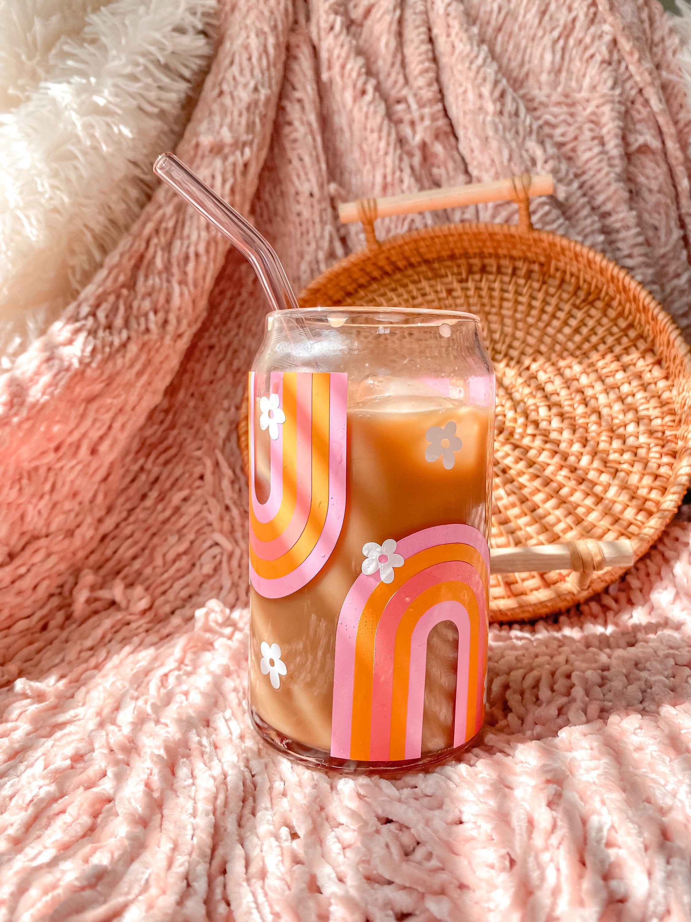 GROOVY FLOWER Glass Can Cup W/ Bamboo Lid & Straw Iced Coffee Glass Cup  Soda Can Glass Cup Beer Glass Can Cup Coffee Cup 