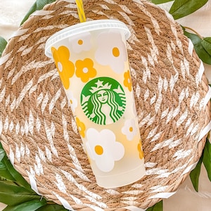 Yellow Retro Flowers Starbucks Cup | Gift for Daisy Lover and Best Friend | Cute Daisy Floral Cup | Reusable Tumbler Spring or Summer