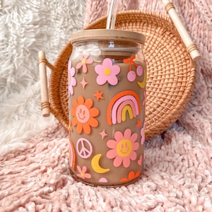 Retro & Groovy Flowers Aesthetic Beer Can Shaped Glass | Cute Boho Peace Inspired Iced Coffee Cup or Mug | Mother's Day or Best Friend Gift