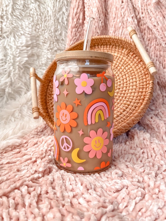 Retro & Groovy Flowers Aesthetic Beer Can Shaped Glass Cute Boho Peace  Inspired Iced Coffee Cup or Mug Mother's Day or Best Friend Gift 