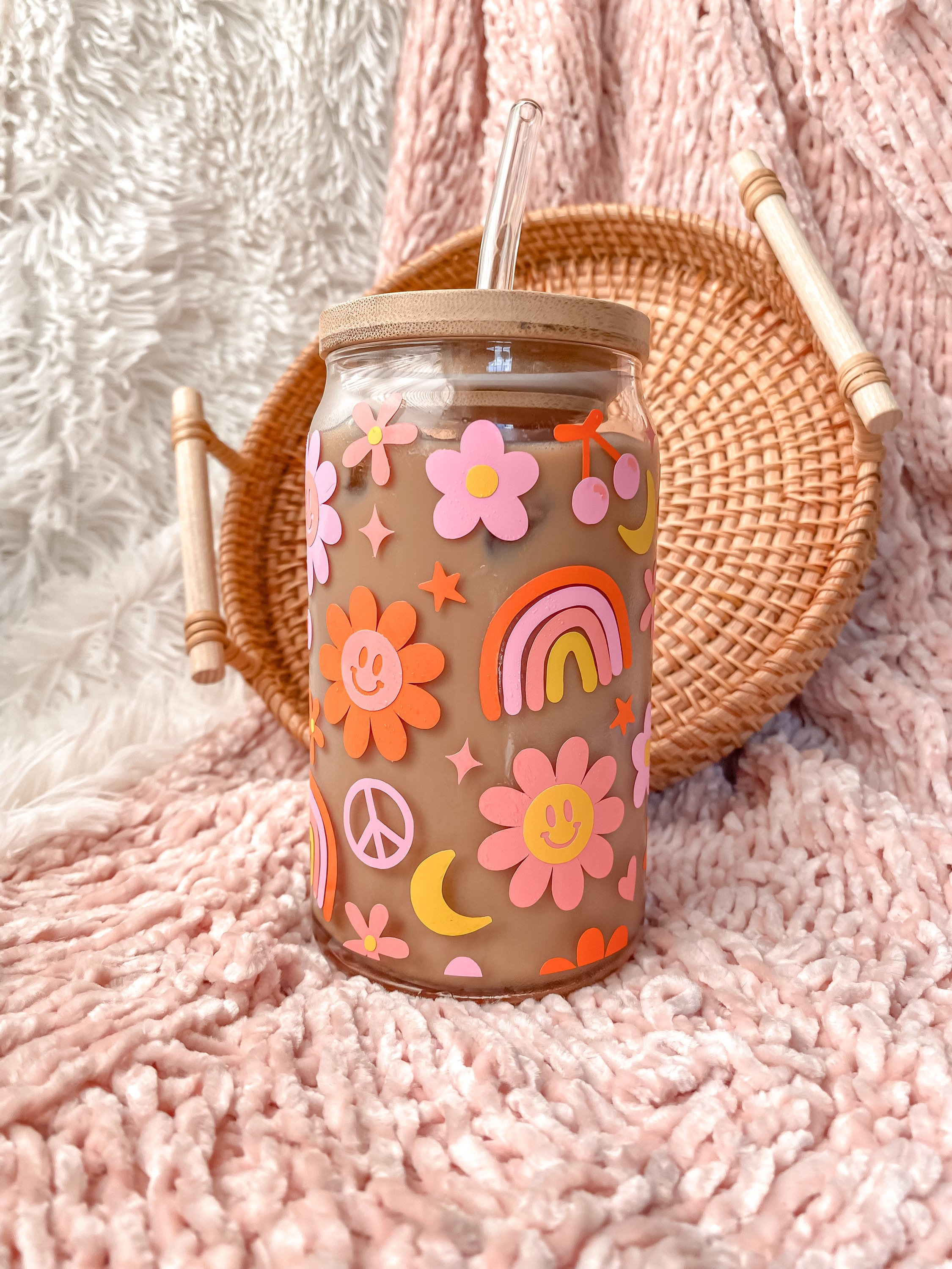 GROOVY FLOWER Glass Can Cup W/ Bamboo Lid & Straw Iced Coffee Glass Cup  Soda Can Glass Cup Beer Glass Can Cup Coffee Cup 