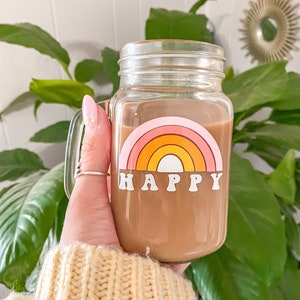 Happy Boho Rainbow Jar Mug | Aesthetic Morning Coffee Glass 16 oz Cup | Gift for Coffee Tea Lover | Cute Summer Mug | Best Friend Gift