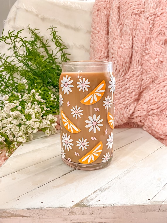 Retro & Groovy Flowers Aesthetic Beer Can Shaped Glass Cute Boho Peace  Inspired Iced Coffee Cup or Mug Mother's Day or Best Friend Gift 