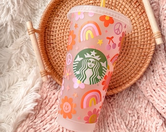 Retro & Groovy Flowers Iced Coffee Starbucks Cup | Gift for Daisy Lover Best Friend | Cute Floral Cup | Reusable Tumbler Spring or Summer