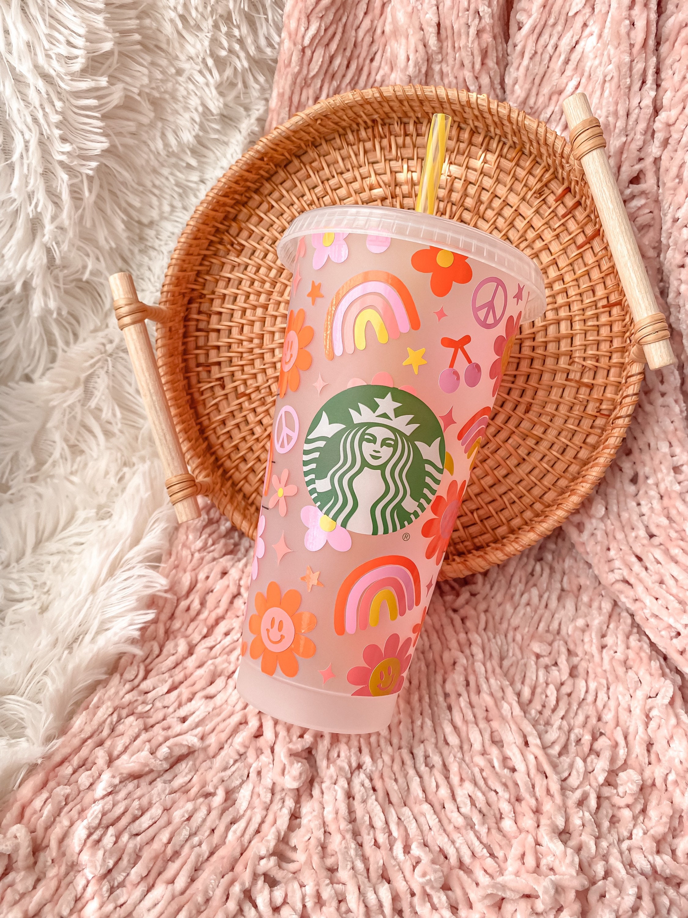 STARBUCKS FLORAL PINK GLASS BOTTLE CUP 20 OZ FLOWERS