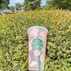 Pink Cow Print Wrap Reusable Starbucks Cup | Cute Farm Animal Lover Gift | Cow Print All Over Cold Cup Tumbler | Pink Cowboy Animal Inspired