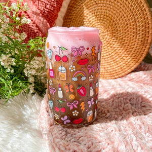 Girly Coquette Beer Can Shaped Glass | Pink & Aesthetic | Cute Just a Girl Inspired Iced Coffee Cup Mug | Mother&#39;s Day or Best Friend Gift