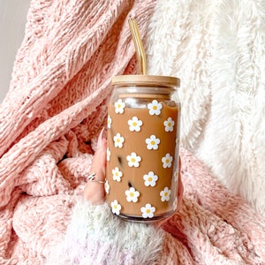 Retro Flower Beer Can Coffee Mug | Boho Shaped Glass 16 oz Cup | Daisy Tea/ Coffee Lover | Aesthetic Cute Daisy Spring Best Friend Gift