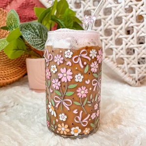 Pink Coquette Bows & Flowers Aesthetic Beer Can Shaped Glass | Cute Boho Inspired Iced Coffee Cup Mug | Mother&#39;s Day or Best Friend Gift