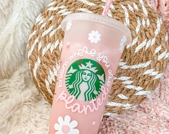 Pink Retro Flowers Bloom Where You Are Planted Reusable Starbucks Iced  Coffee Tumbler