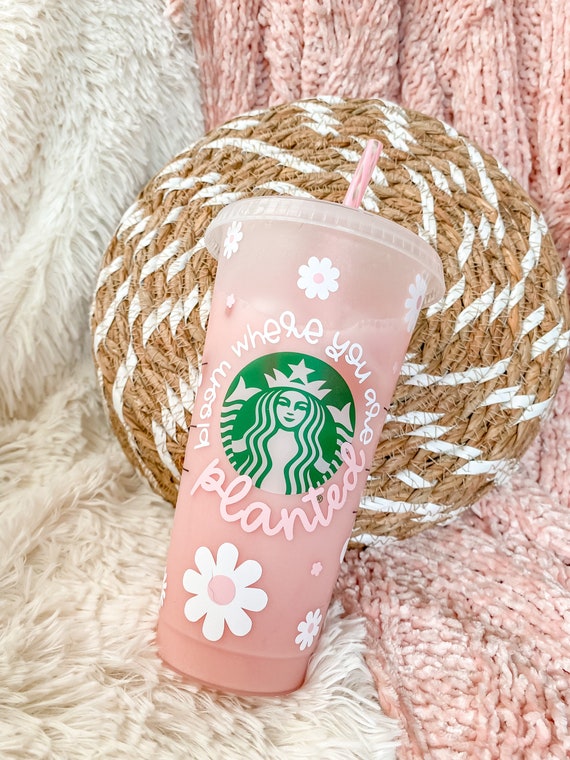 Pink Retro Flowers Bloom Where You Are Planted Reusable Starbucks Iced Coffee Tumbler