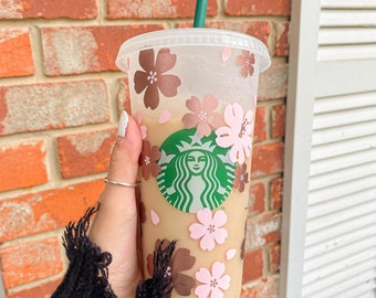 Pink Cherry Blossom Flowers Reusable Starbucks Iced Coffee Tumbler
