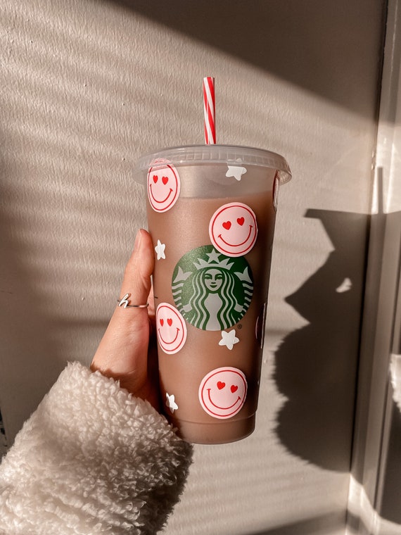 Valentine's Day Heart Eye Smile Starbucks Cup Boho Gift for Lover and Best  Friend Cute Happy Face Cup Reusable Cupid Hearts Tumbler 