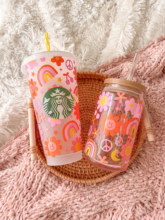 Smiley Daisy Glass Tumbler With Straw and Lid, Cute Cup Beer Can