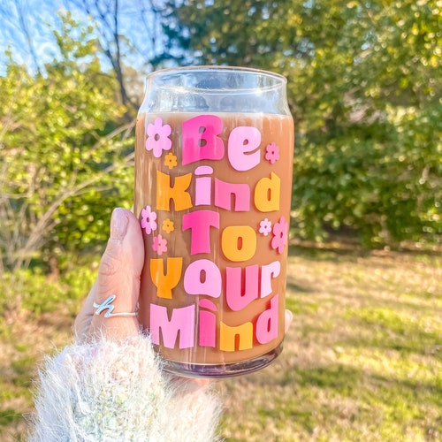 Retro Be Kind To Your Mind Beer Can Coffee Mug | Boho Shaped Glass 16 oz Cup | Daisy Tea/ Coffee Lover | Aesthetic Spring Best Friend Gift