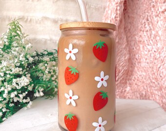 Strawberries and Daises Beer Can Coffee Mug | Fruit Boho Shaped Glass 16 oz Cup | Tea/ Coffee Lover | Aesthetic Cute Spring Best Friend Gift