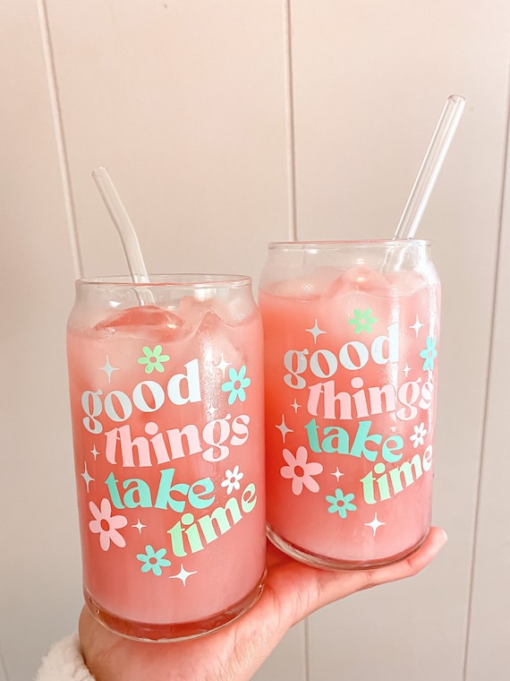 Good Things Take Time Aesthetic Beer Can Shaped Glass Cute Boho Retro  Inspired Coffee Cup or Mug Mother's Day or Best Friend Gift 