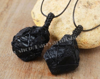 Raw Black Tourmaline Crystal Necklace,Natural Stone Wrap Necklace Women Men,Healing Crystal Gemstone Protection Balance Energy Necklace Gift