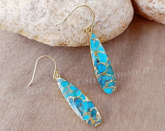 Natural Turquoise Stone Earrings,Gold Line Copper Turquoise Teardrop Dangle Earrings Women,Healing Crystal Gemstone Earrings,Gift for Her